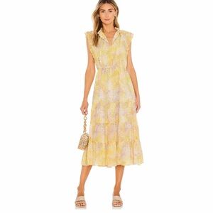 BB Dakota Yellow Floral Tiered Midi Dress Ruffle Sleeve Size XS